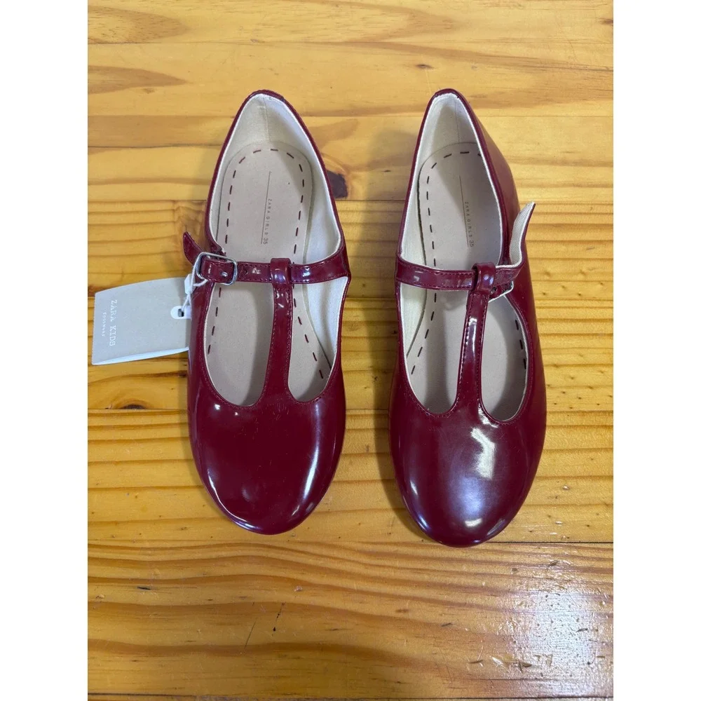 Zara Mary Jane Shoes Kids 35 Burgundy Patent T-Strap Buckle New Holiday School
